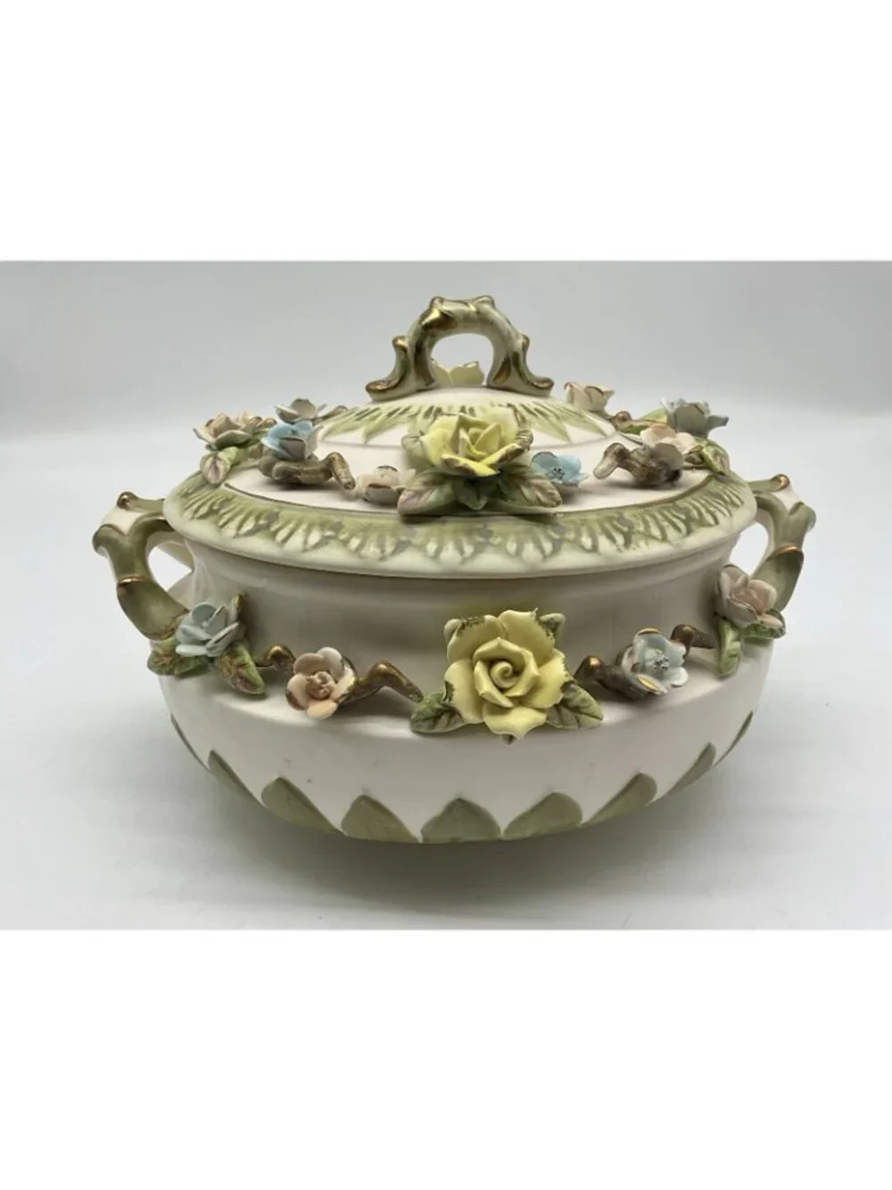 Lenwile Ardalt Fine Tureen, Lid and Ladle Set # 7004 Capodimonte Style Flowers